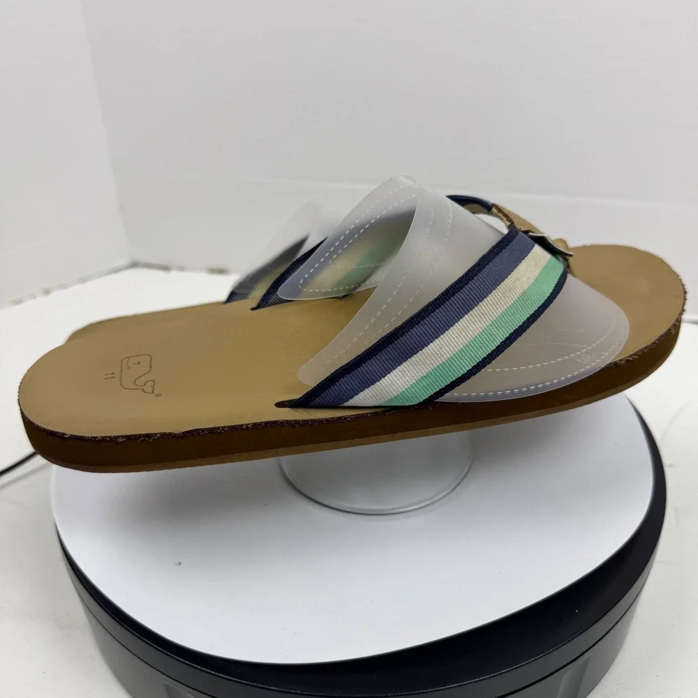 Vineyard Vines Mens Flip Flop Sandals Striped Webbing Tan Navy Green Size 11